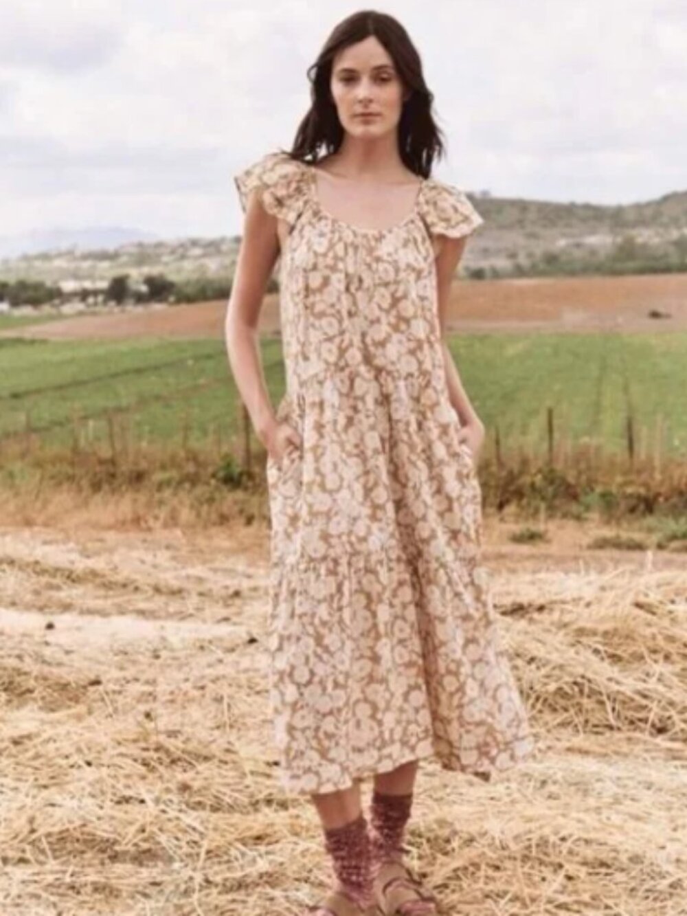 The Great Plumeria Maxi Dress Tan Oat Wild Brush New Small